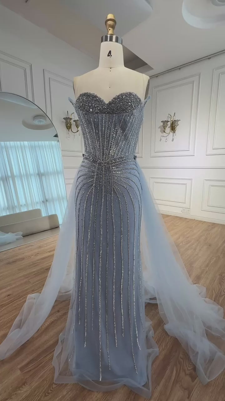 Pink Pearls Beaded Arabic Mermaid Evening Dress with Overskirt LA72811B