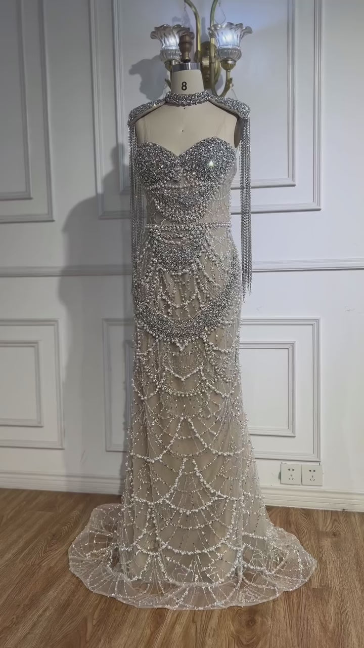 Luxury  Dubai Nude Beaded Evening Dress with Tassel Short Cape LA72876