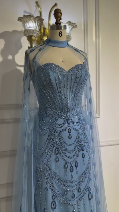 Luxury Blue Sequin Beaded Evening Dress with Cape Sleeves LA73108