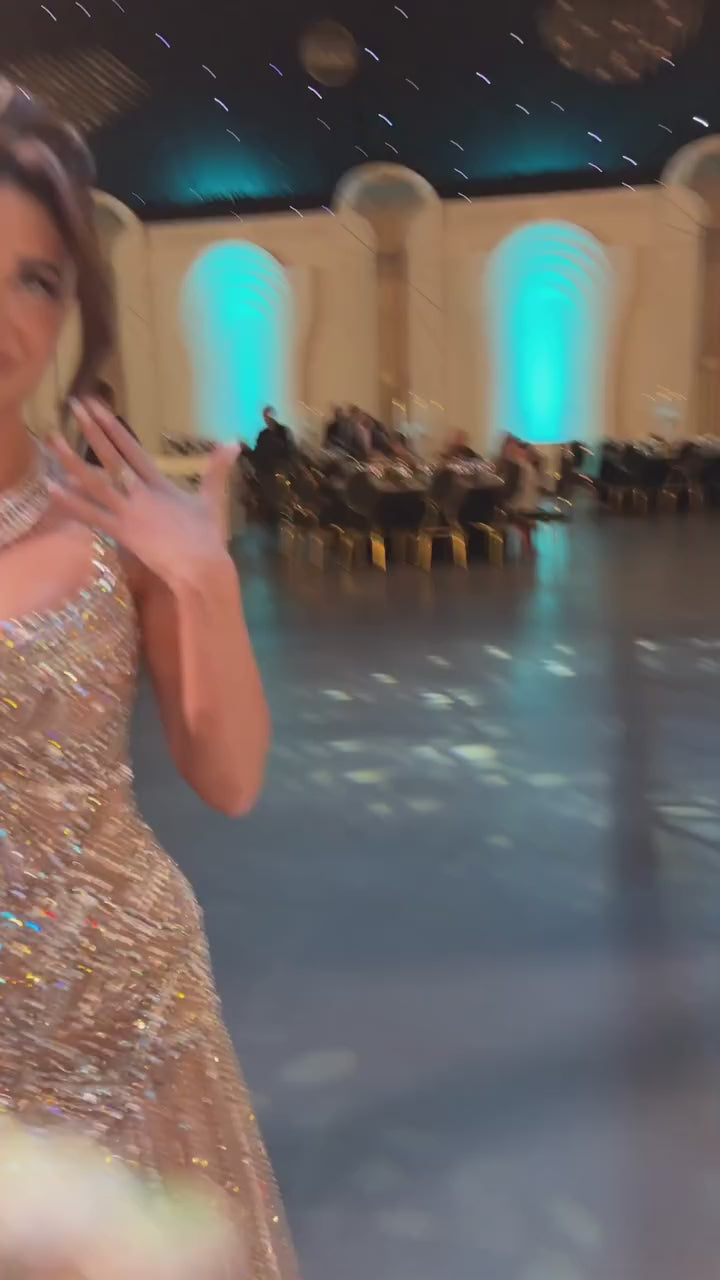 Luxury Nude Spaghetti Strap Beaded A line Evening Dress LA73189