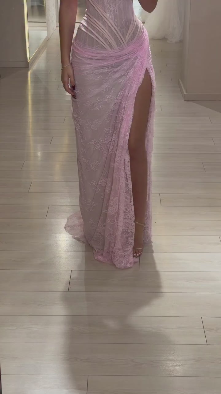 Luxury Pink Saudi Arabic Lace Embroidery Evening Dress LA73373