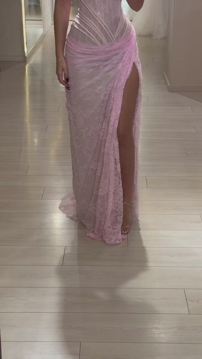 Luxury Pink Saudi Arabic Lace Embroidery Evening Dress LA73373