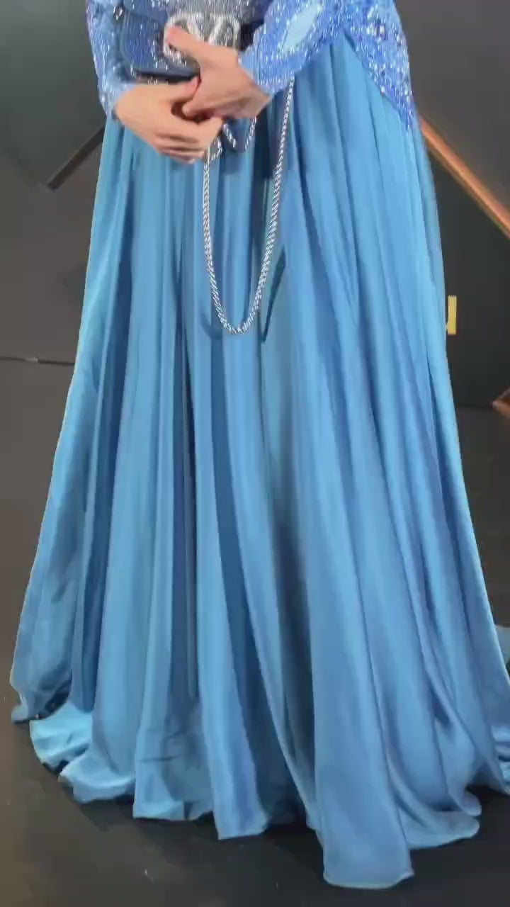 Luxury Modest Designer  Blue Beaded Evening Dress with Long Sleeves LA72962