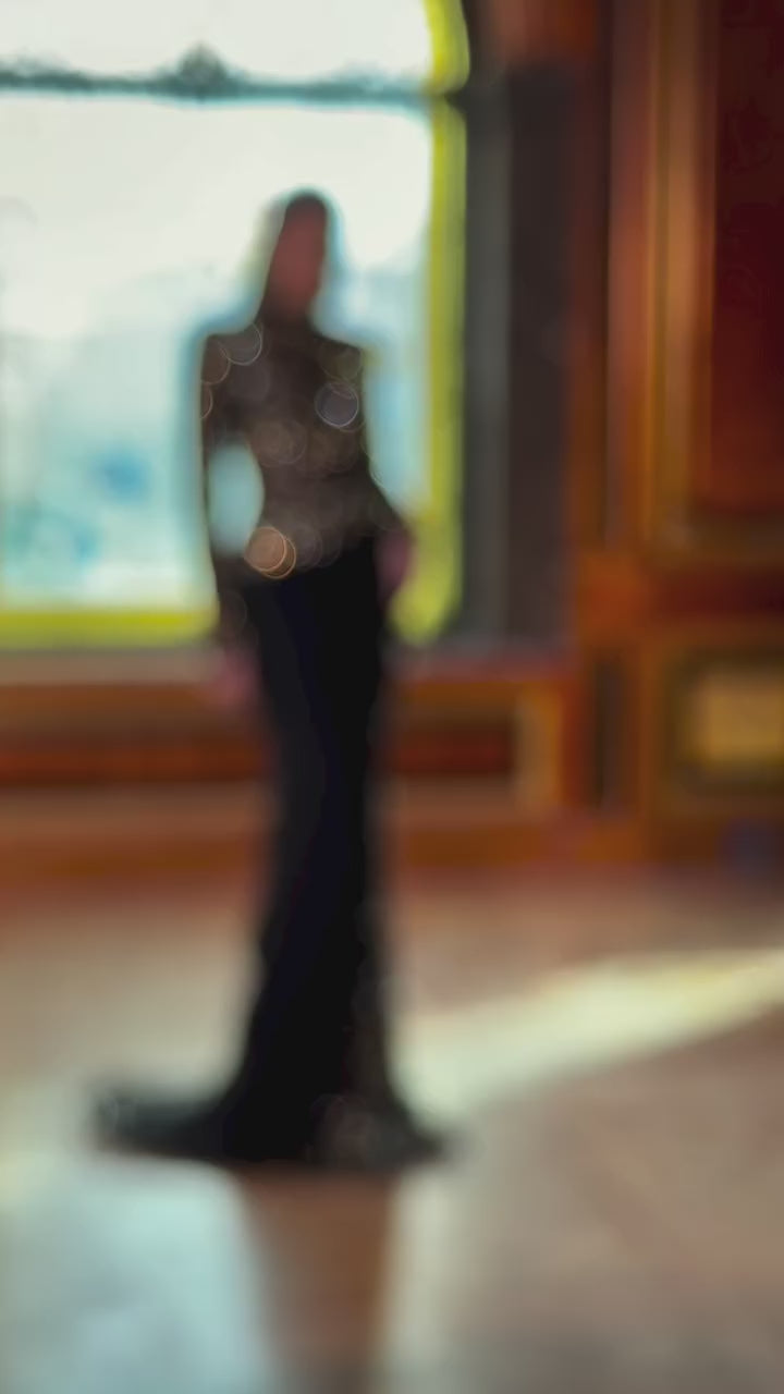 Luxury Arabic Black Modest Long Sleeves Beaded Evening Dress With Chiffon Skirt LA73524