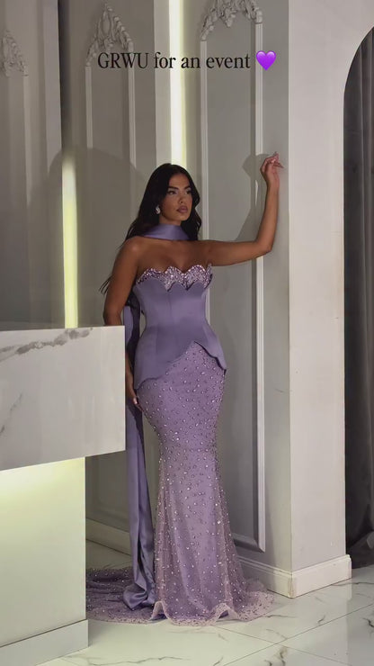 Luxury Purple Strapless Corset Beaded Evening Dress With Scarf LA73525