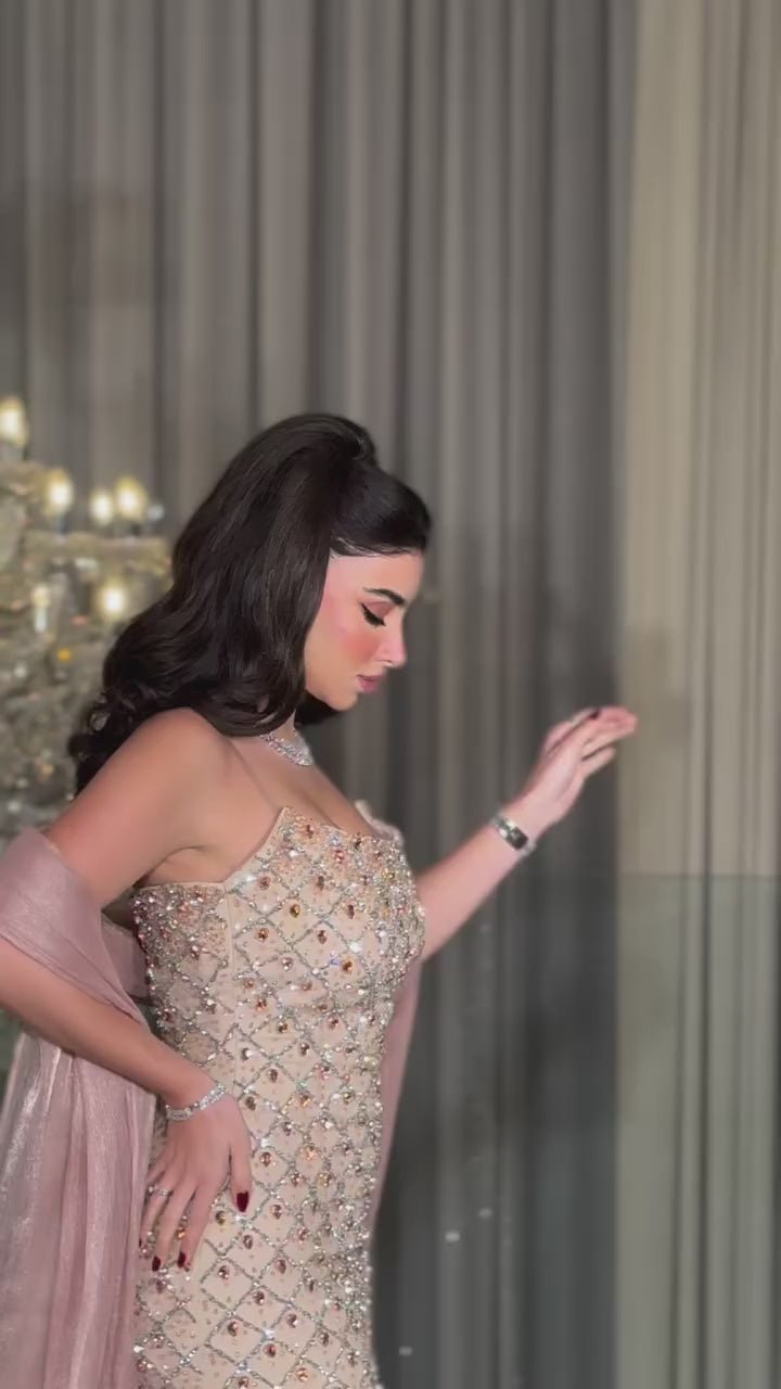Luxury Pink Beaded Mermaid Evening Dress with Cape LA73366