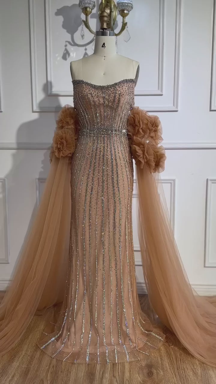 Luxury Pink Beaded Mermaid  Arabic Evening Dress with Cape LA73019