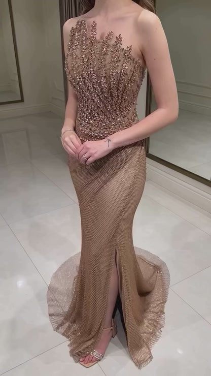 Luxury Caramel Mermaid Evening Dress Split LA72985
