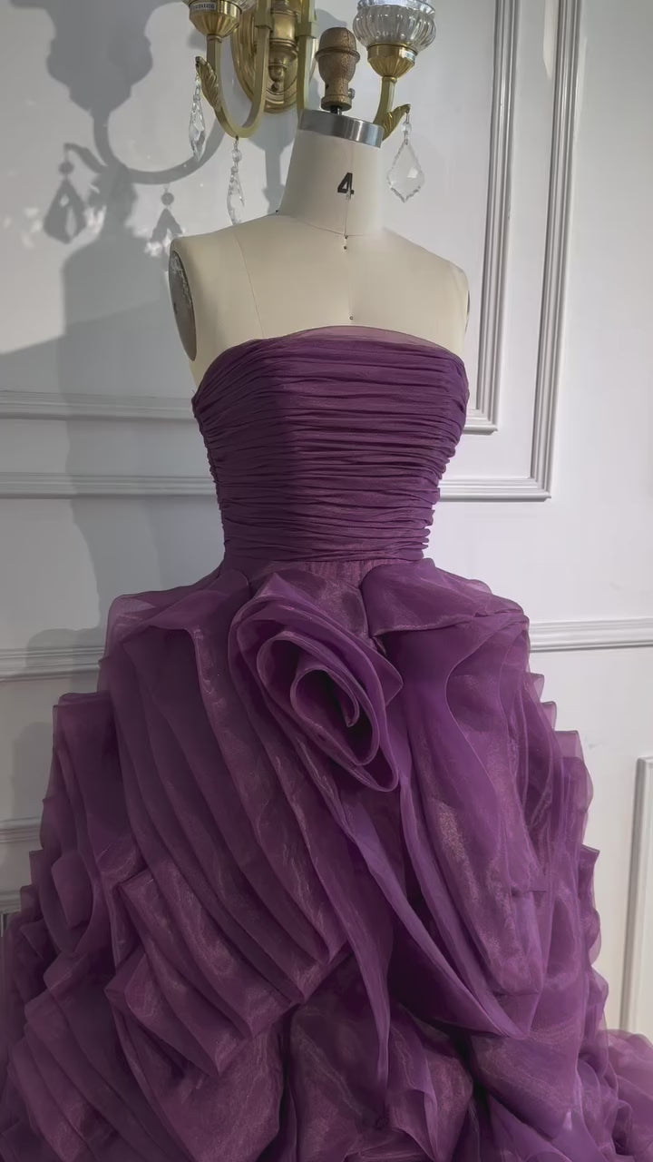 Luxury Purple 3D Rose Flower Strapless Princess Evening Dress LA73176