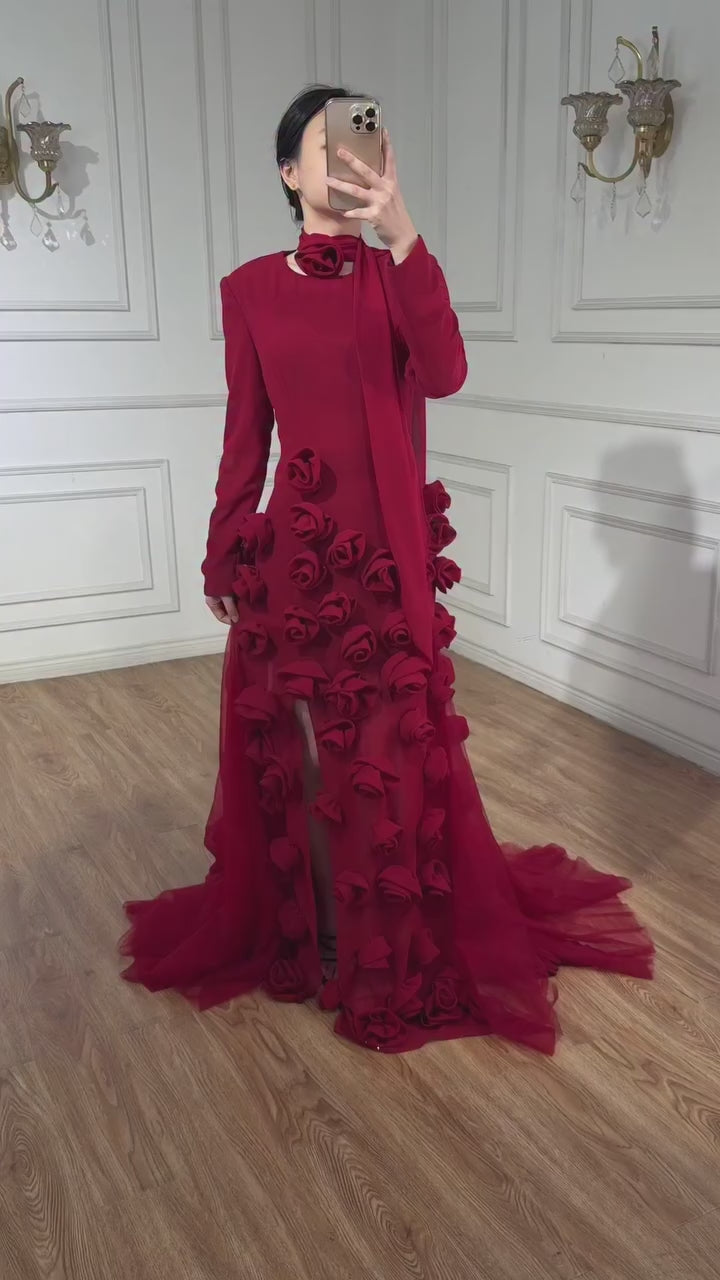 Luxury Wine Red Long Sleeve 3D Flower Slit Mermaid Evening Dress LA72568B