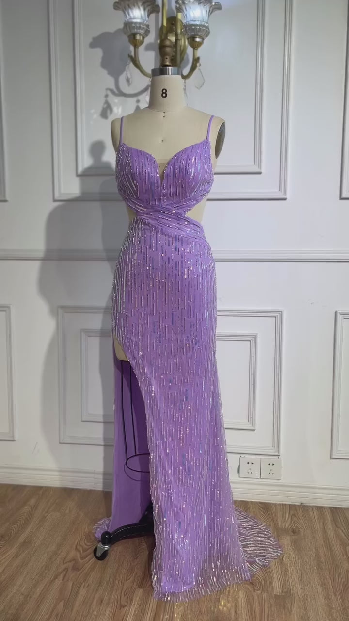 Luxury Purple Sequin Prom Dress with Slit and Cutout Waist LA73000 Purple / 8