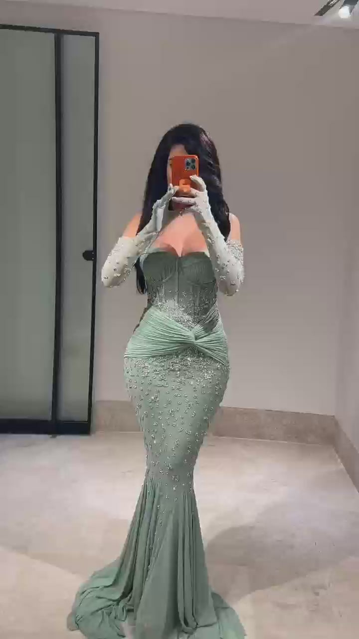 Luxury Turquoise   Beaded Evening Dress with Gloves LA72933
