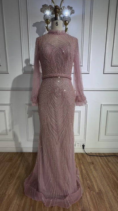 Modest Gray High Neck Mermaid Evening Dress with Long Sleeves LA71690A