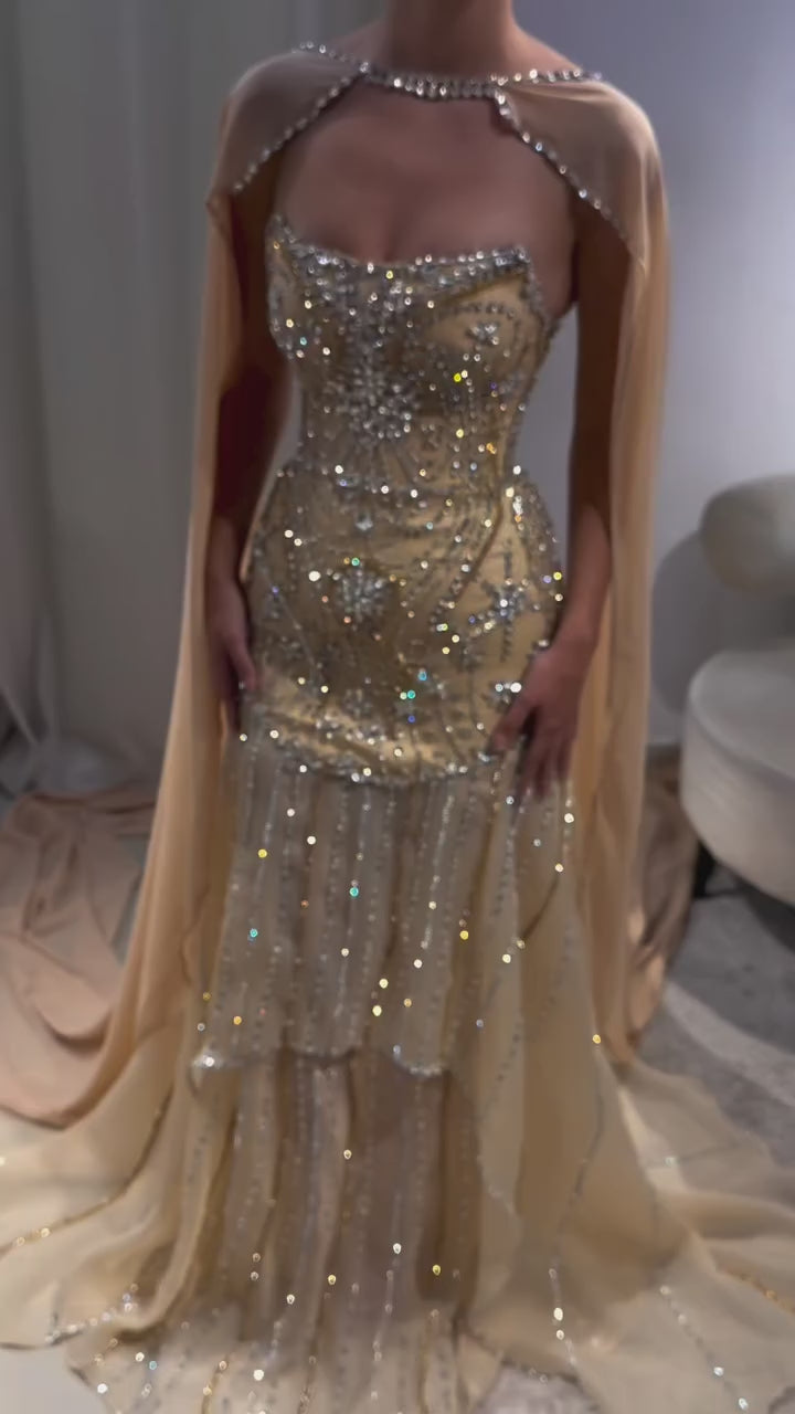 Luxury Gold Diamond Evening Dress with Cape for Wedding Party LA73224