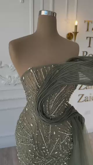 Luxury Arabic Olive Green Ruffles Evening Dress with Train LA73356