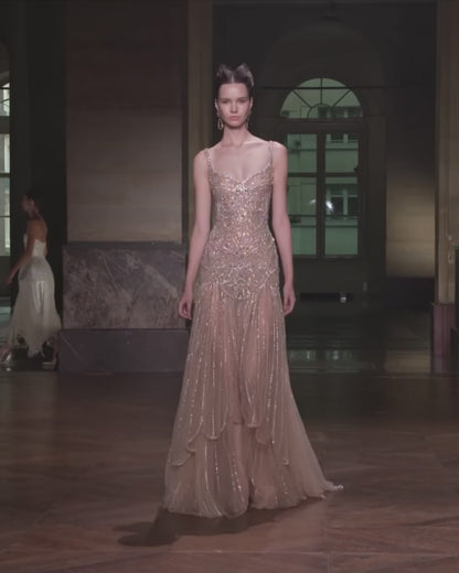 Luxury Nude Spaghetti Strap Beaded A line Evening Dress LA73189