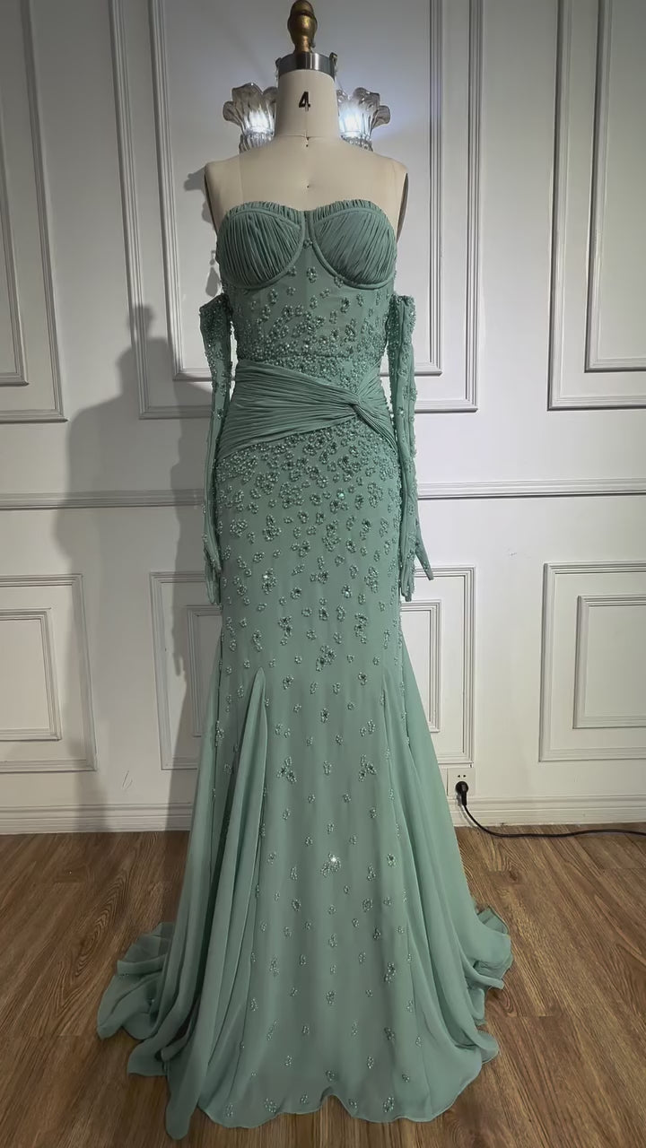 Luxury Turquoise   Beaded Evening Dress with Gloves LA72933