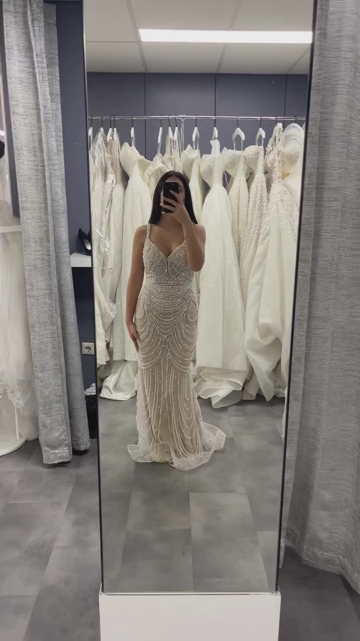 Nude Beaded Arabic Evening Gown with Spaghetti Straps LA72253A