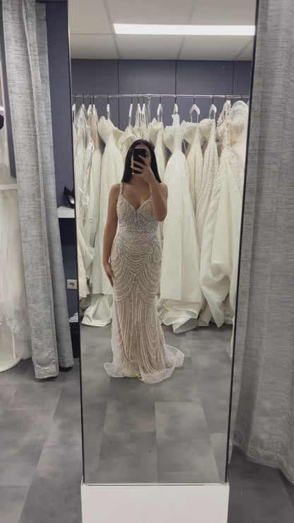 Nude Beaded Arabic Evening Gown with Spaghetti Straps LA72253A