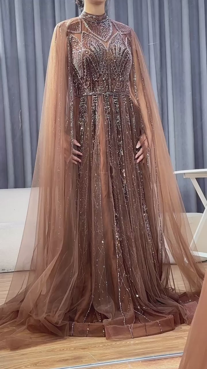 Luxury Beaded Brown Saudi Arabic Evening Gown Cape Elegant LA72951  SERENE  HILL