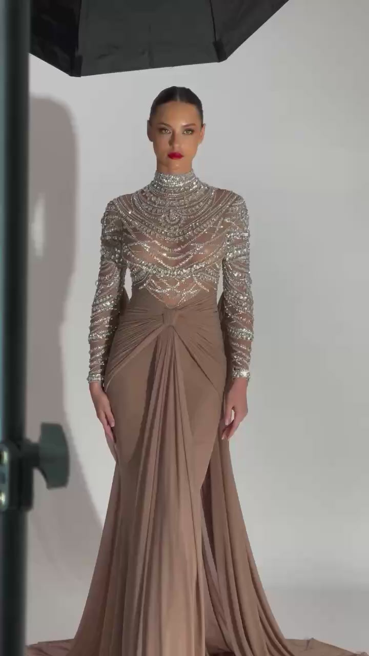 Luxury Designer Modest Brown Stretch Material Mermaid Evening Dress LA72993   SERENE HILL