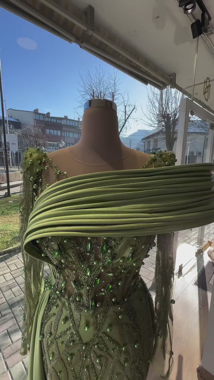 Luxury Olive Green Beaded Mermaid Evening Dress with Crystal LA72396
