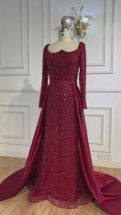 Luxury Wine Red Mermaid Evening Dress with Overskirt Plus Size LA72352A