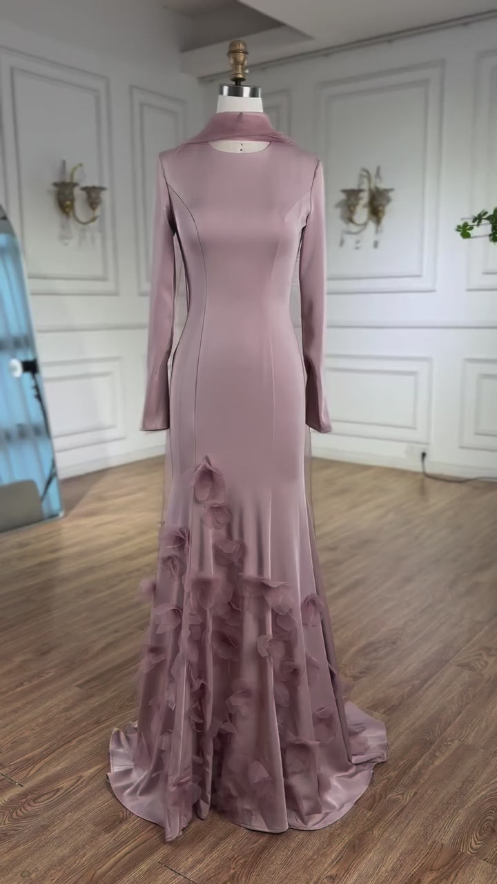 Luxury Pink 3D Flower Evening Dress  Long Sleeves LA72954