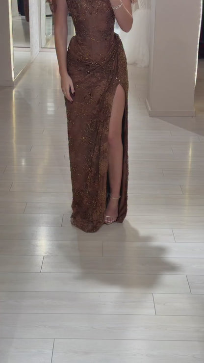 Luxury Brown Beaded Mermaid Gown with Cape LA73370
