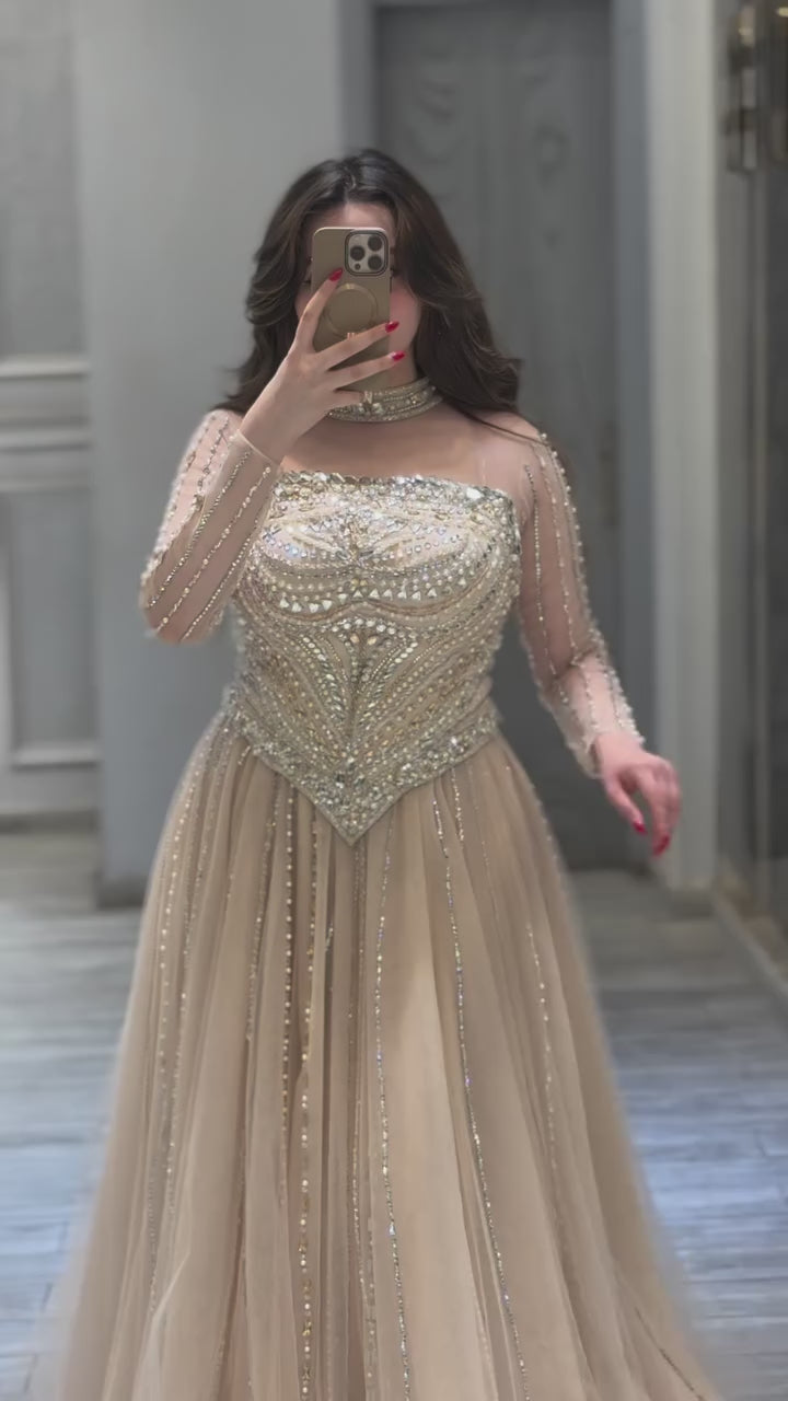 Luxury Nude Crystal Beaded A Line Long Sleeve Evening Dress LA73192