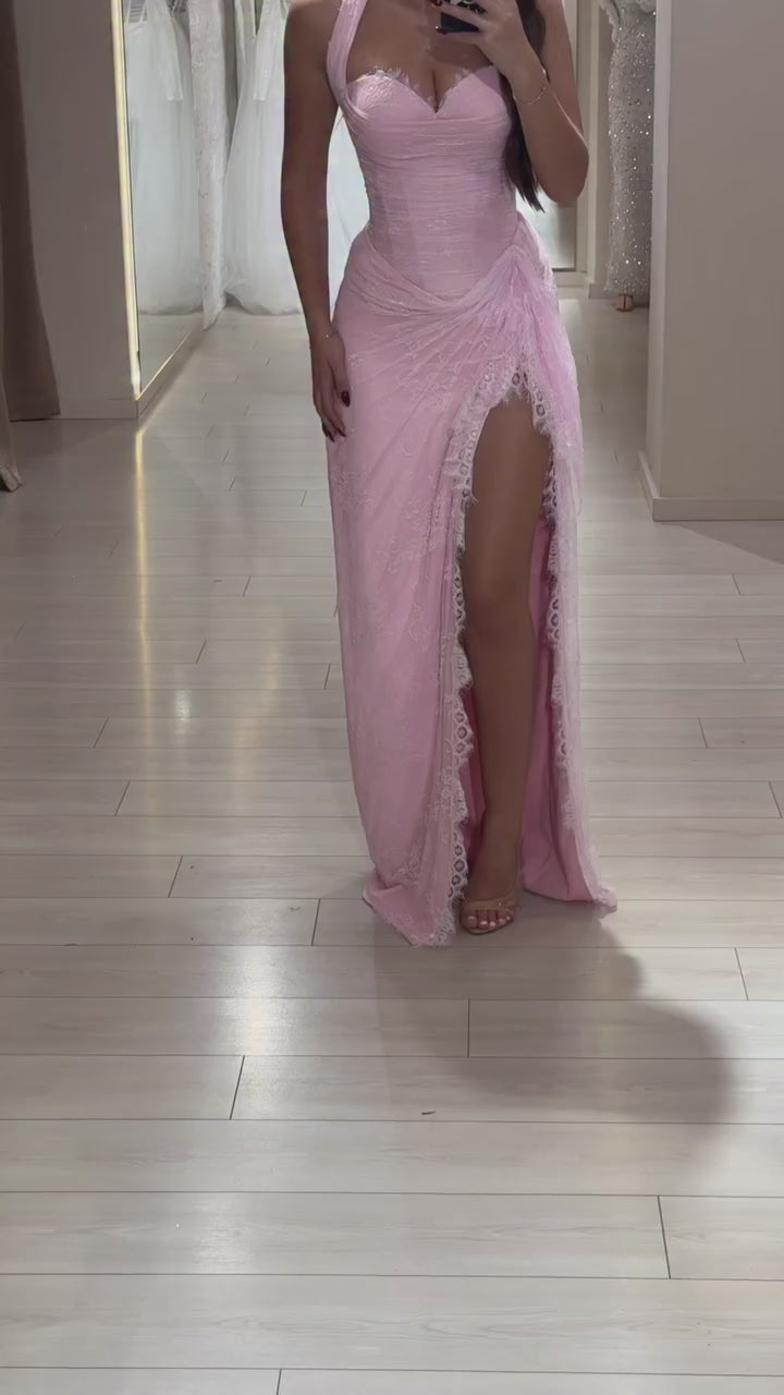 Luxury Pink Lace Halter Saudi Arabic High Split Evening Dress LA73372
