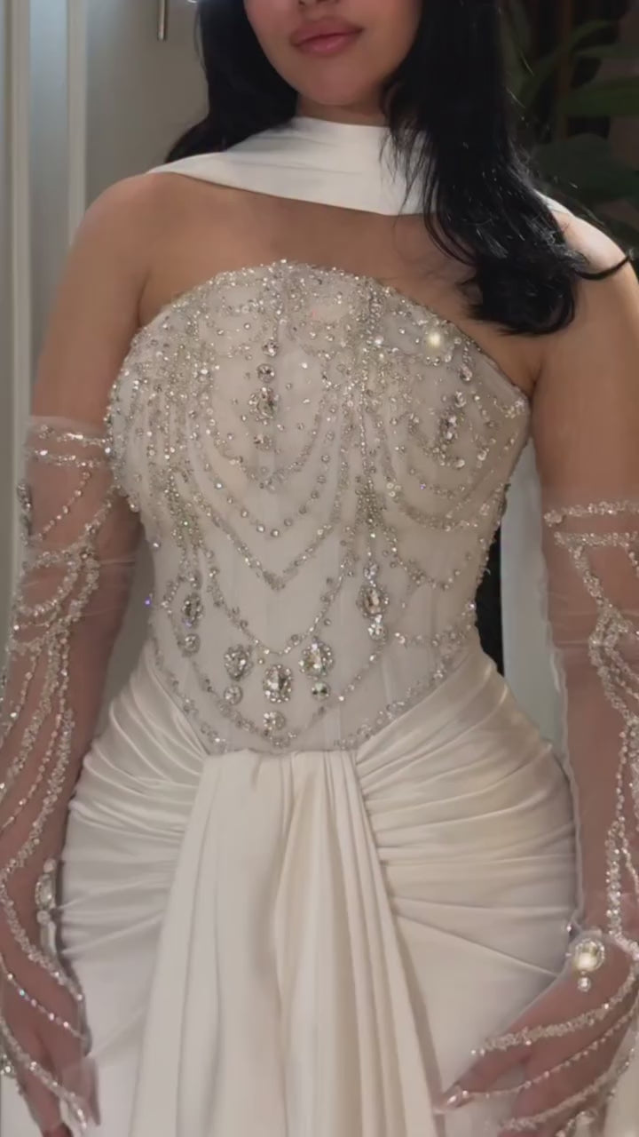 White   Beaded Evening Dress with Gloves LA73086