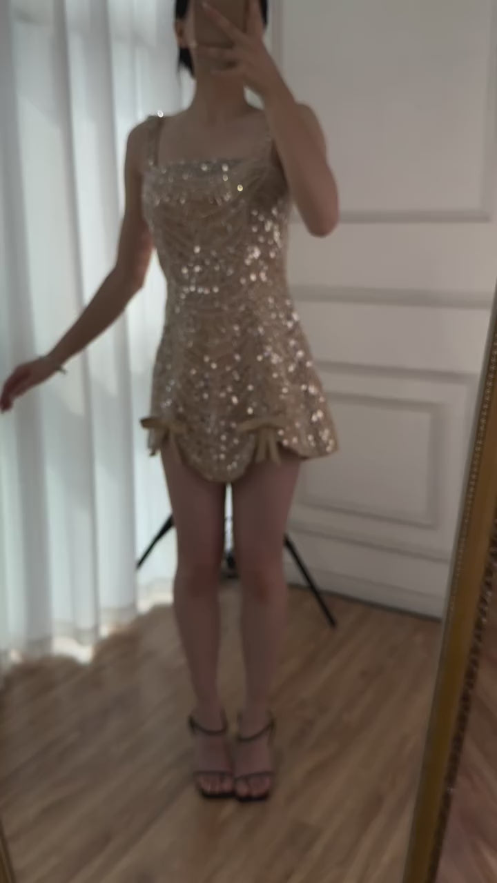 Luxury Nude Pearl Beaded A-Line Mini Evening Dress LA73211