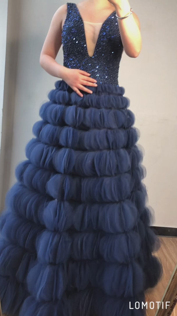 Luxury Blue Puffy Wedding Dress Deep Beaded Tulle Evening Dress MH66931