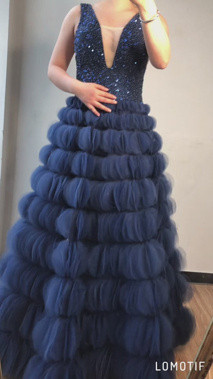 Luxury Blue Puffy Wedding Dress Deep Beaded Tulle Evening Dress MH66931