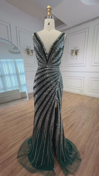 Luxury Green Beaded Mermaid Prom Dress with Split LA72613