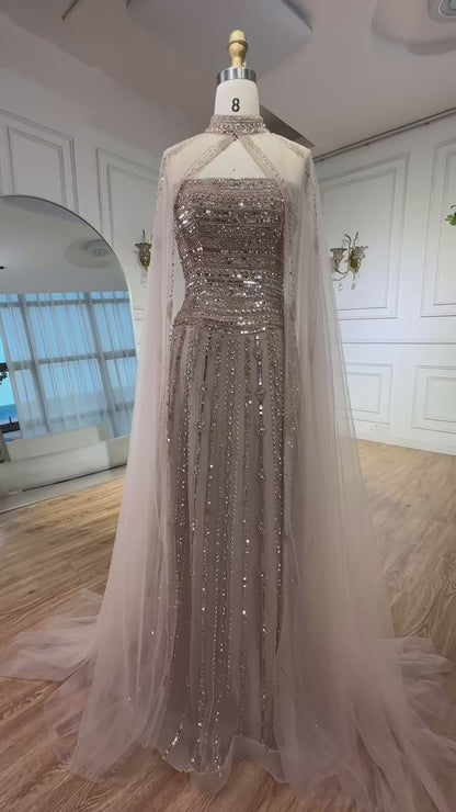 Luxury Dubai Caramel A-Line Beaded Evening Dress LA72873