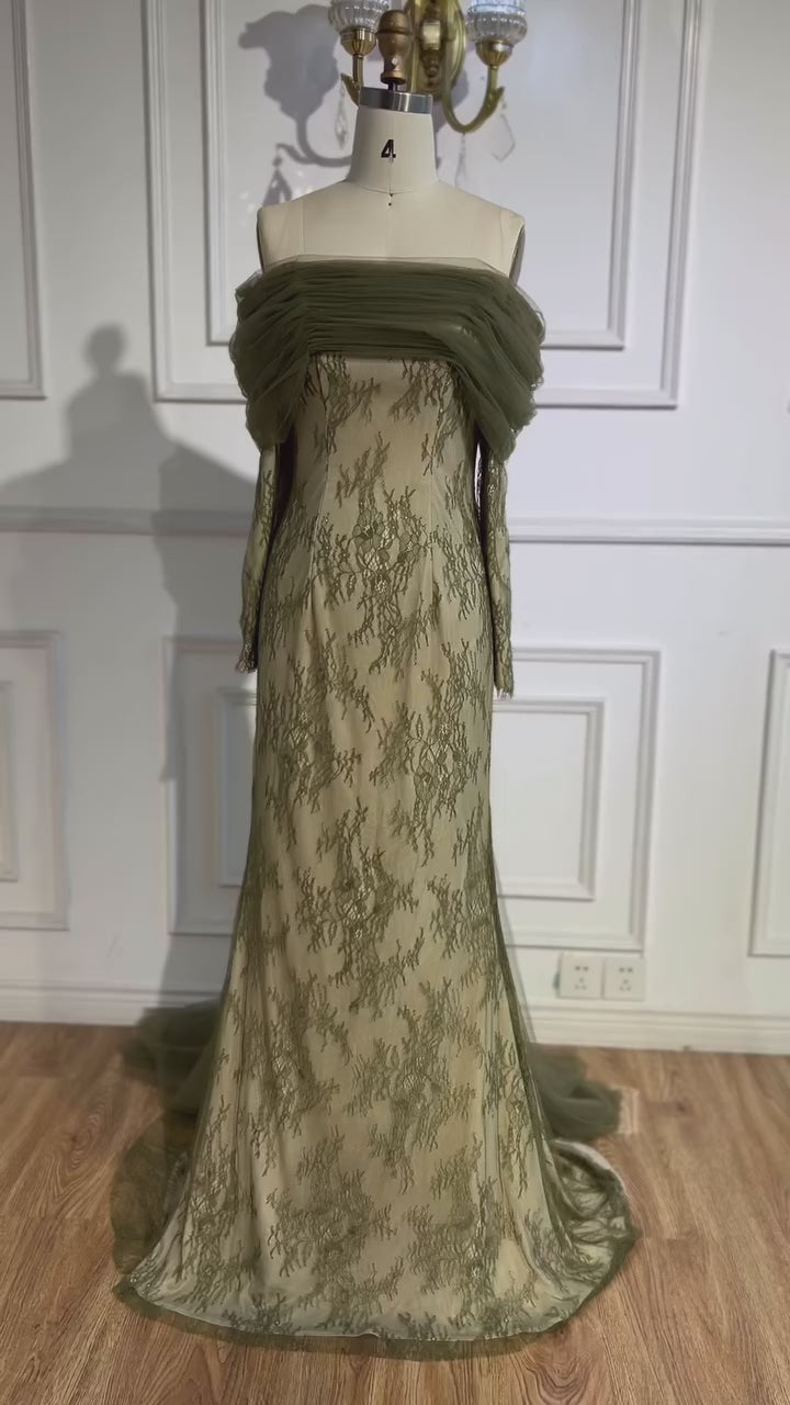 Elegant Olive Green Evening Dress with Lace Sleeves LA72942 – SERENE HILL