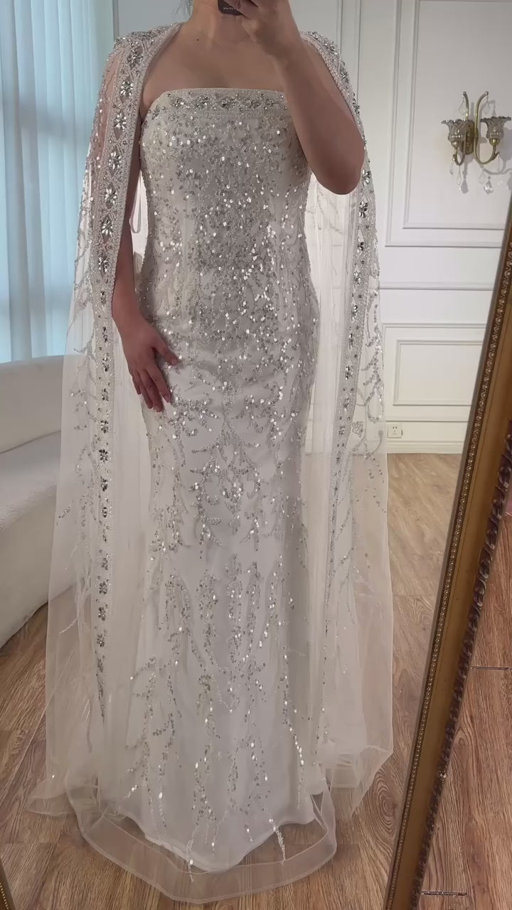 Luxury White Dubai Arabia Beading  Evening Dress With Cape LA72870
