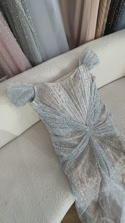 Luxury Designer Beaded Silver Nude Mermaid Evening Dress LA72905