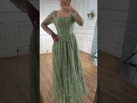 Luxury Sage Green Beaded Evening Dress with Long Sleeves LA72805B