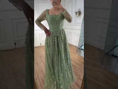 Luxury Sage Green Beaded Evening Dress with Long Sleeves LA72805B