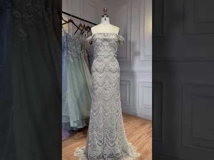 Luxury Nude Pearl Beaded Mermaid Off Shoulder Evening Dress LA73395A