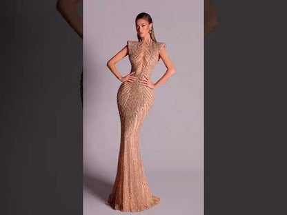 Luxury Saudi Arabic Gold Beaded Mermaid Evening Dress LA73221