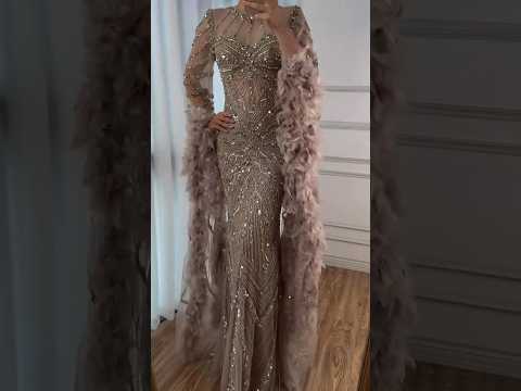 Luxury Modest Pink Feathers Long Cape Sleeves Mermaid Evening Dress LA72708A