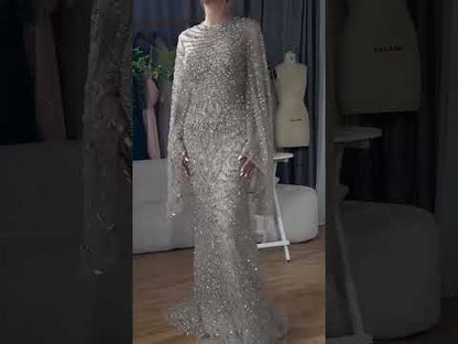 Luxury Flared Sleeves Caramel Beaded Mermaid Evening Dress LA72771