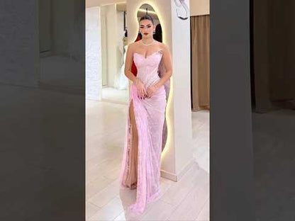 Luxury Pink Saudi Arabic Lace Embroidery Evening Dress LA73373