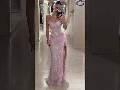 Luxury Pink Saudi Arabic Lace Embroidery Evening Dress LA73373