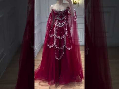 Luxury Arabic Sage Green Beaded A-Line Evening Dress with Cape LA72605A