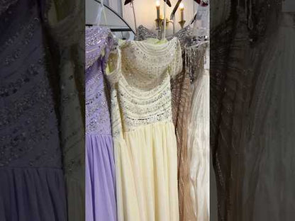 Luxury Evening Dress Yellow Off Shoulder Beaded A-Line Gown LA73350
